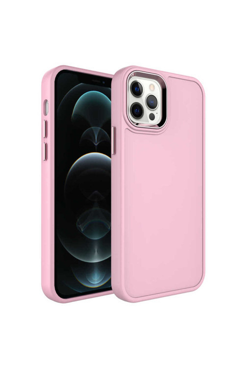 İphone 13 Pro Uyumlu Metal Çerçeve Ve Buton Tasarımlı Sert Klfs Botox Kılıf-Pembe Açık