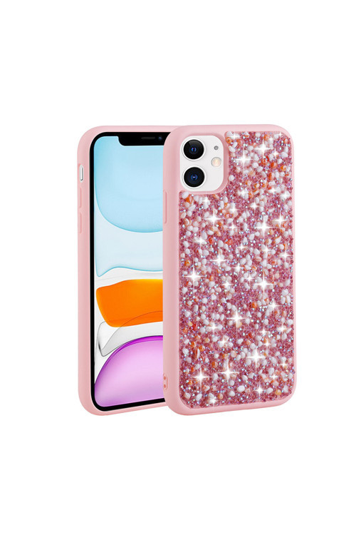 İphone 12 Uyumlu Parlak Taşlı Tasarım Klfs Linea Kılıf-Pembe