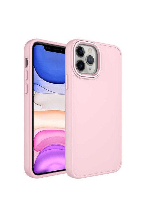 İphone 12 Pro Max Uyumlu Metal Çerçeve Ve Buton Tasarımlı Silikon Klfs Luna Kılıf-Pembe