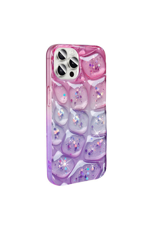 İphone 14 Pro Max Kılıf Simli 3D Desenli Klfs Hacar Kapak - Pembe-Mor