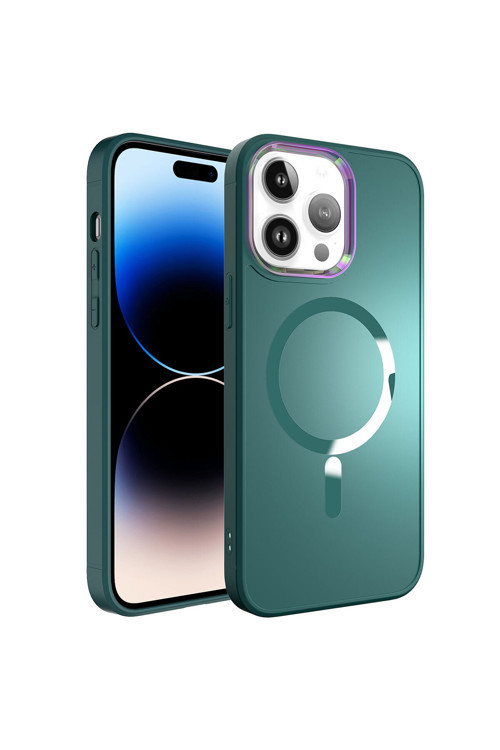İphone 14 Pro Uyumlu Magsafe Wireless Şarj Özellikli Klfs Stil Kılıf-Koyu Yeşil