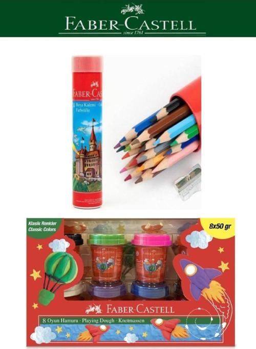 Faber-Castell Oyun Hamuru 50G X 8 Klasik Renkler + 24'lü Kuru Boya Teneke