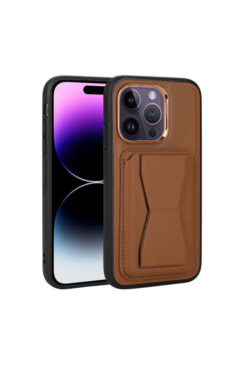 İphone 14 Pro Uyumlu Kartlıklı Standlı Pu Deri Klfs Memo Kılıf-Kahverengi