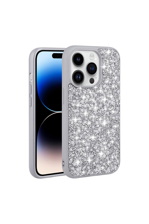 İphone 14 Pro Uyumlu Parlak Taşlı Tasarım Klfs Linea Kılıf-Gümüş