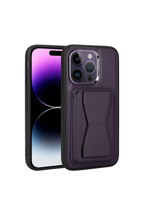 İphone 14 Pro Uyumlu Kartlıklı Standlı Pu Deri Klfs Memo Kılıf-Koyu Mor
