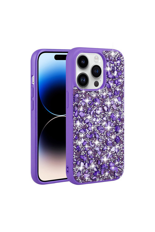 İphone 14 Pro Uyumlu Parlak Taşlı Tasarım Klfs Linea Kılıf-Mor
