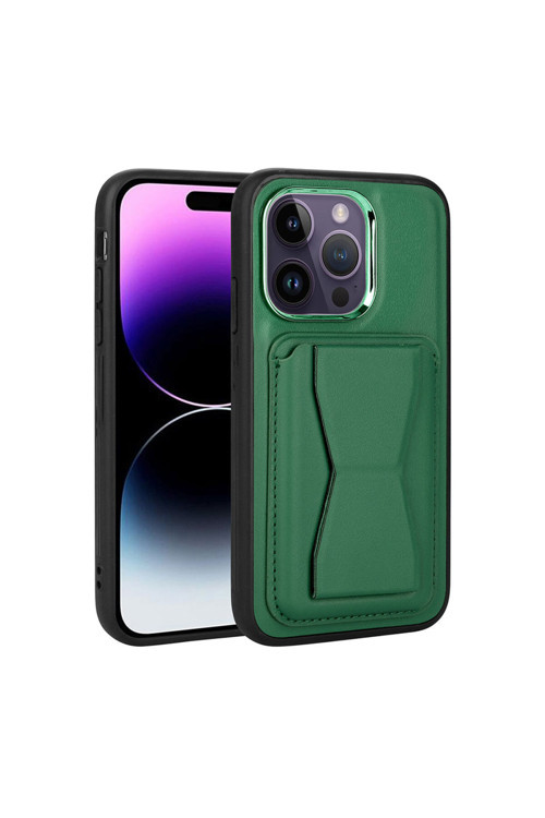 İphone 14 Pro Uyumlu Kartlıklı Standlı Pu Deri Klfs Memo Kılıf-Koyu Yeşil