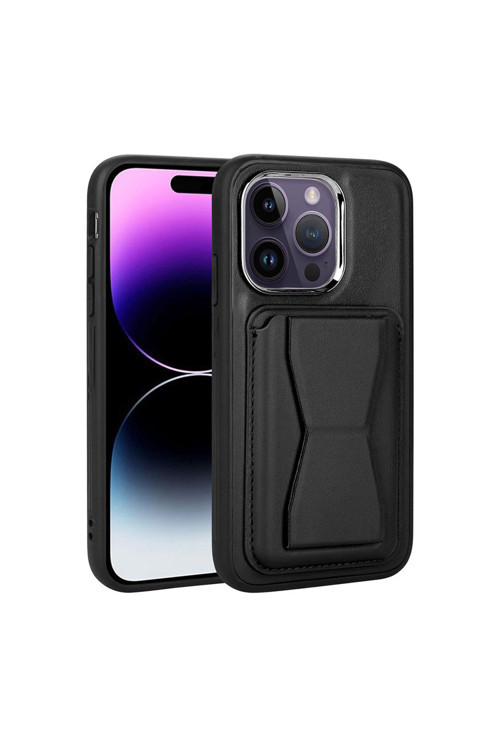İphone 14 Pro Uyumlu Kartlıklı Standlı Pu Deri Klfs Memo Kılıf-Siyah
