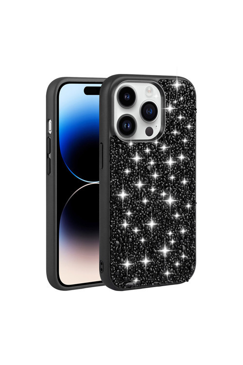 İphone 14 Pro Uyumlu Parlak Taşlı Tasarım Klfs Linea Kılıf-Siyah