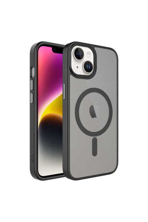İphone 14 Uyumlu Mat Arka Yüzey Wireless Şarj Özellikli Klfs Flet Magsafe Kılıf-Siyah