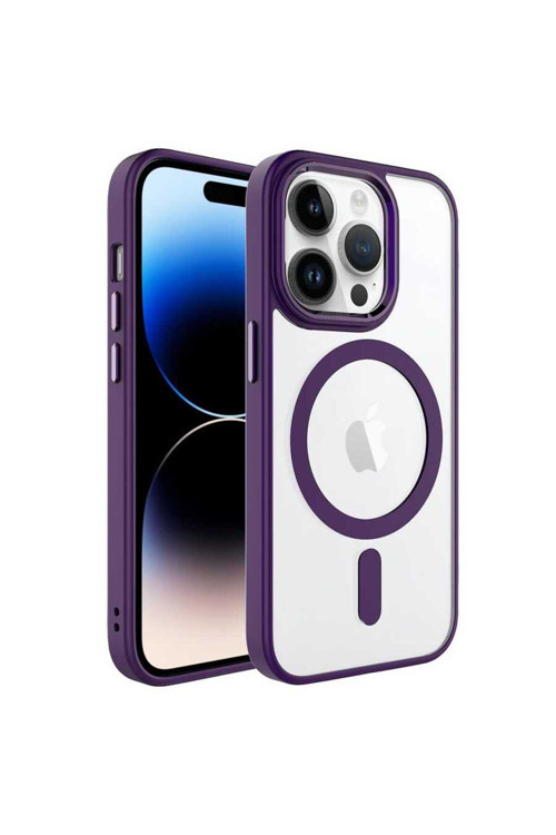 İphone 14 Pro Uyumlu Wireless Şarj Özellikli Klfs Krom Magsafe Silikon Kılıf-Derin Mor