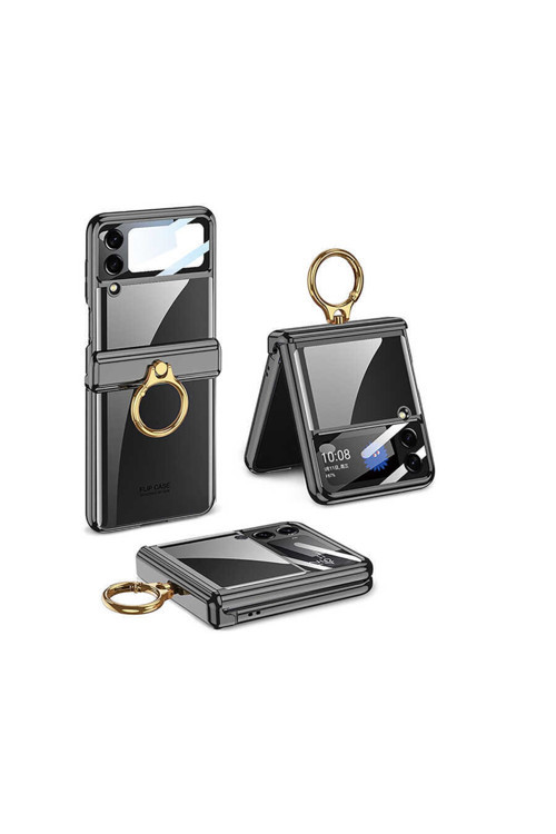 Galaxy Z Flip 4 Kılıf Kıpta Mıknatıslı Yüzüklü Lens Korumalı Sert Kapak