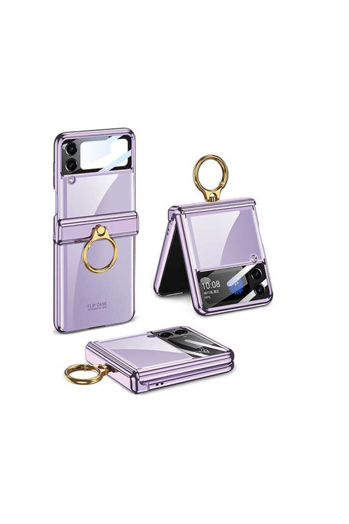 Galaxy Z Flip 4 Kılıf Kıpta Mıknatıslı Yüzüklü Lens Korumalı Sert Kapak
