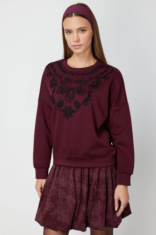 Kadın Yakası İşlemeli Bordo Sweatshirt 66357