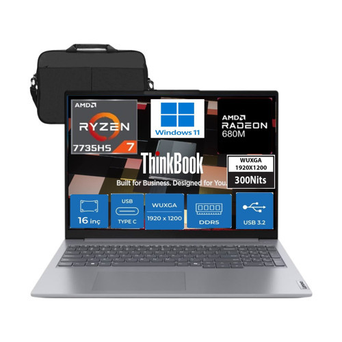 Thinkbook 16 G7 Arp Amd Ryzen 7 7735HS 24GB Ddr5 512GB SSD Radeon 680M 16" Wuxga 300NITS IPS WINDOWS11 Taşınabilir Bilgi