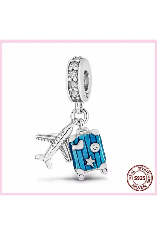 Tekerlekli Mavi Bavul Ve Uçak Temalı Seyahat Sallantılı Charm