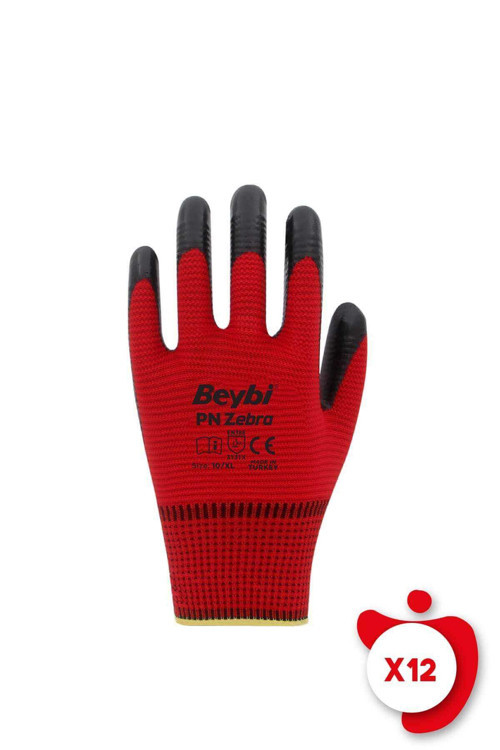 PN Zebra Kırmızı Polyester Örme Nitril İş Eldiveni 10 Beden 12 Çift