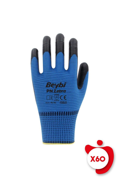 PN Zebra Mavi Polyester Örme Nitril İş Eldiveni 10 Beden 60 Çift