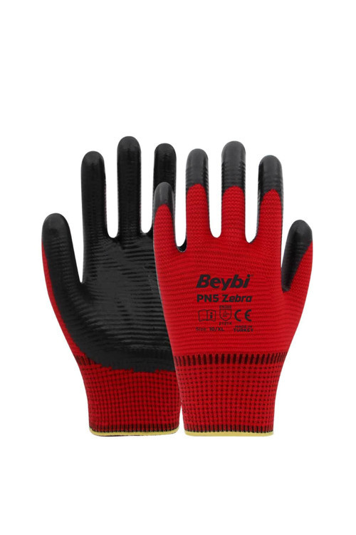 PN5 Zebra Kırmızı Polyester Örme Nitril İş Eldiveni 10 Beden