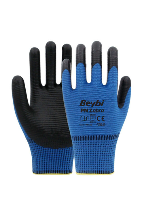 PN Zebra Mavi Polyester Örme Nitril İş Eldiveni 10 Beden