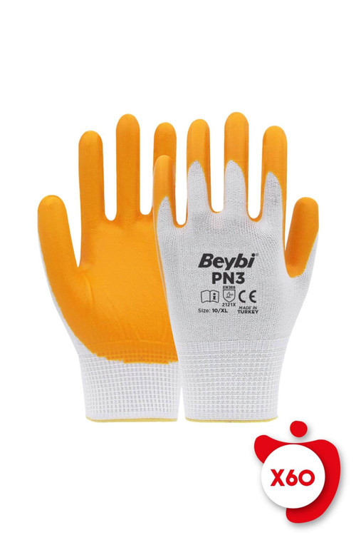PN3 Sarı Polyester Örme Nitril İş Eldiveni 10 Beden 60 Çift