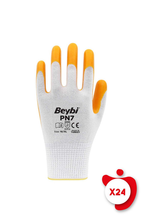 PN7 Sarı Polyester Örme Nitril İş Eldiveni 10 Beden 24 Çift