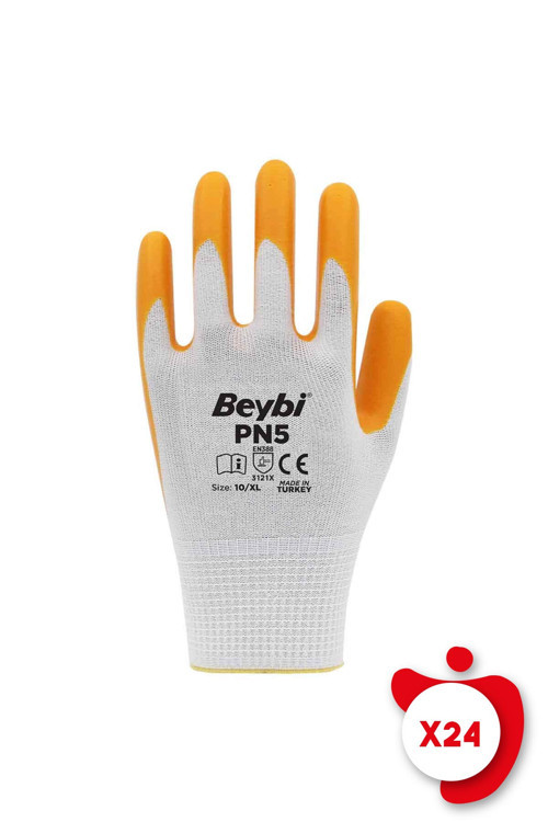 PN5 Sarı Polyester Örme Nitril İş Eldiveni 10 Beden 24 Çift