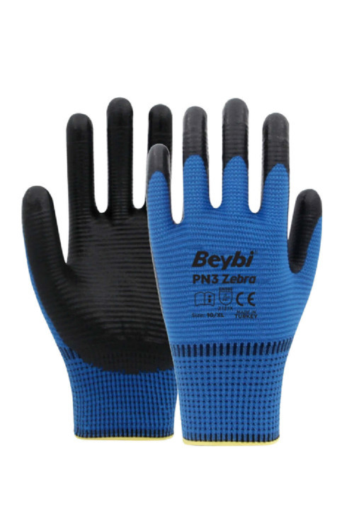 PN3 Zebra Mavi Polyester Örme Nitril İş Eldiveni 10 Beden
