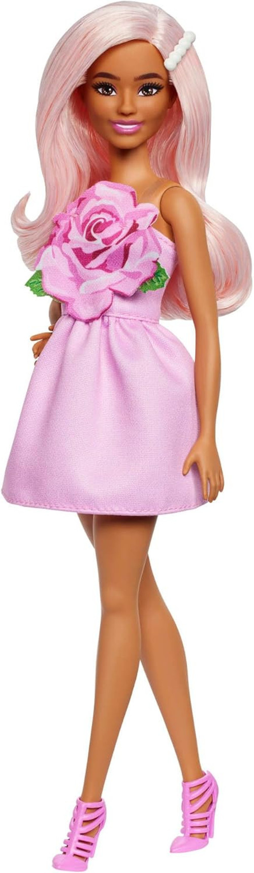 Fashionistas Oyuncak Bebek No. 238, Pastel Pembe Saçlı, Gül Üstlü, Askısız Elbise, Inci Saç T