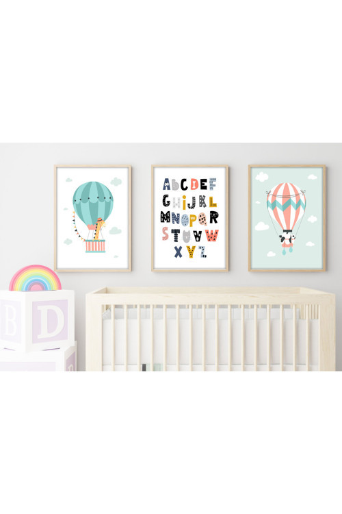 Ahşap Çerçeveli 3'lü Figüratif Çocuk Odası Tablo Seti Huhu190