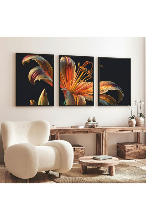 Ahşap Siyah Çerçeveli 3'lü Çiçek Desenli Modern Tablo Seti huhu221