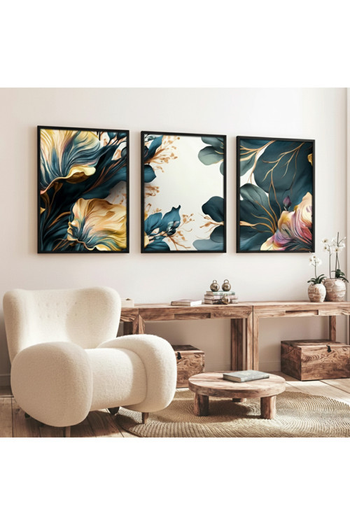 Ahşap Siyah Çerçeveli 3'lü Çiçek Desenli Modern Tablo Seti huhu217