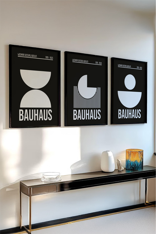 Ahşap Siyah Çerçeveli 3'lü Bauhaus Tablo Huhu522
