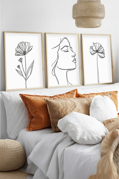 Ahşap Çerçeveli Minimalist Line Art 3'lü Tablo Seti Huhu533