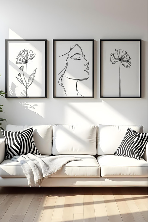 Ahşap Siyah Çerçeveli Minimalist Line Art 3'lü Tablo Seti Huhu533