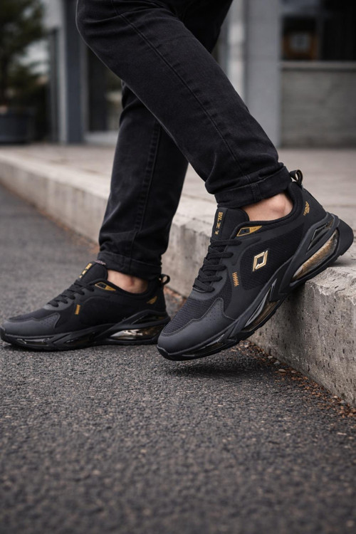 Erkek Siyah Air Taban Spor Ayakkabı Gold-Gümüş Detaylı Sneaker