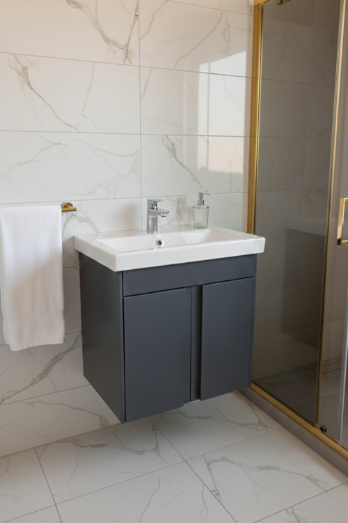 Magma 50 Cm, Lavabolu Alt Banyo Dolabı, Kapaklı Banyo Alt Dolabı, Seramik Lavabo Dahil Antrasit Mdf