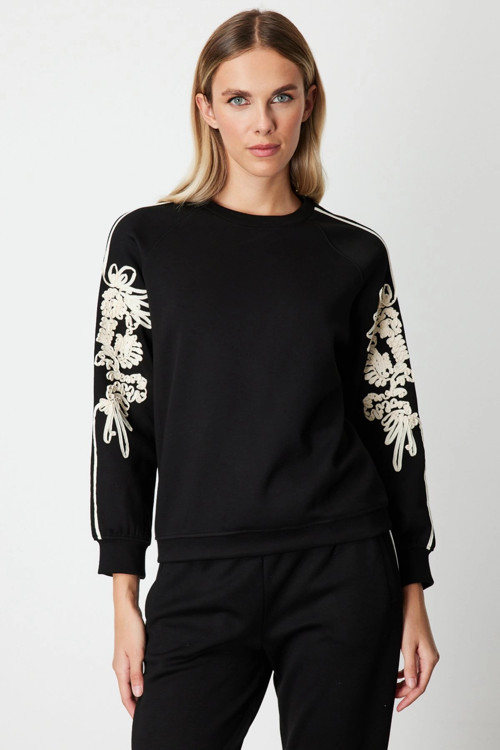 Kadın Kolları Desenli Sıfır Yaka Siyah Sweatshirt 66323