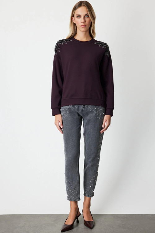 Kadın Omuzları İncili Sıfır Yaka Bordo Sweatshirt 66338