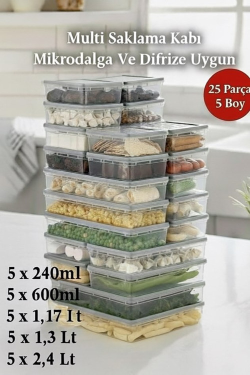 25 Parça 5 Boy Multi Saklama Kabı Seti Difrize ve Microdalgaya Uygun