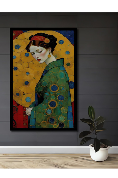 Çerçeve Görünümlü Gustav Klimt Tarzı Kadın Portresi Yağlı Boya Görünümlü Dekoratif Ahşap Ofis Tablo