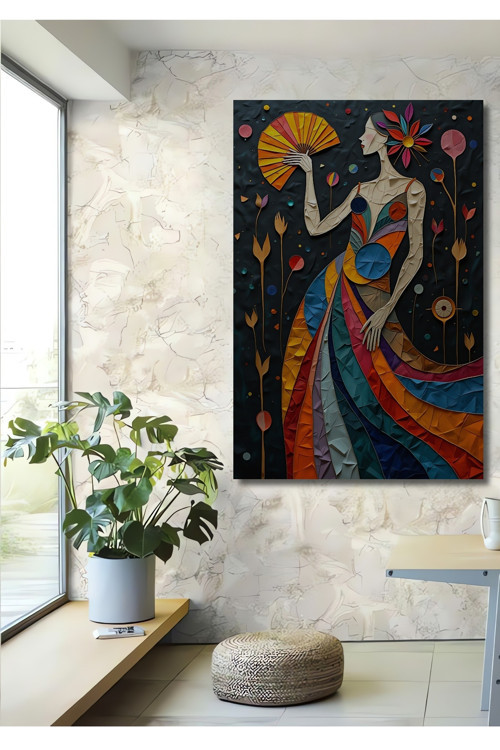 Bohem Sanat Renk Cümbüşü Kadın Figürü Ahşap Dekoratif Ev Antre Salon Ofis Mutfak Yatak Odası Tablo
