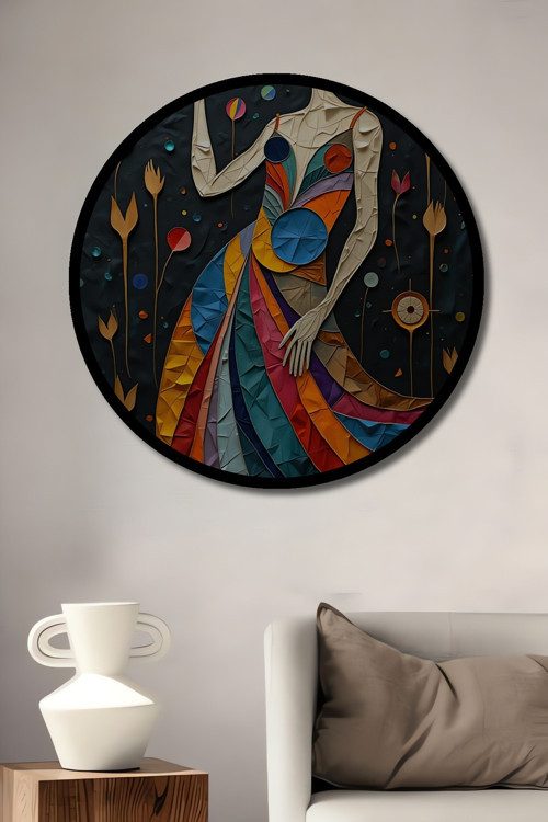 Çerçeve Görünümlü Bohem Sanat Renk Cümbüşü Kadın Figürü Ahşap Dekoratif Tablo Yuvarlak Duvar Tablosu