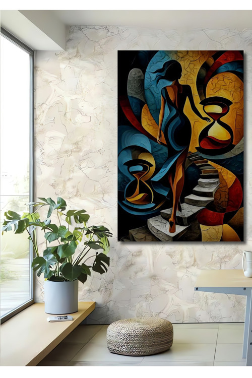 Zamanın Dansı Kadın Silüeti Yağlı Boya Görünümlü Soyut Sanat Dekoratif Ahşap Ev Antre Salon Tablo