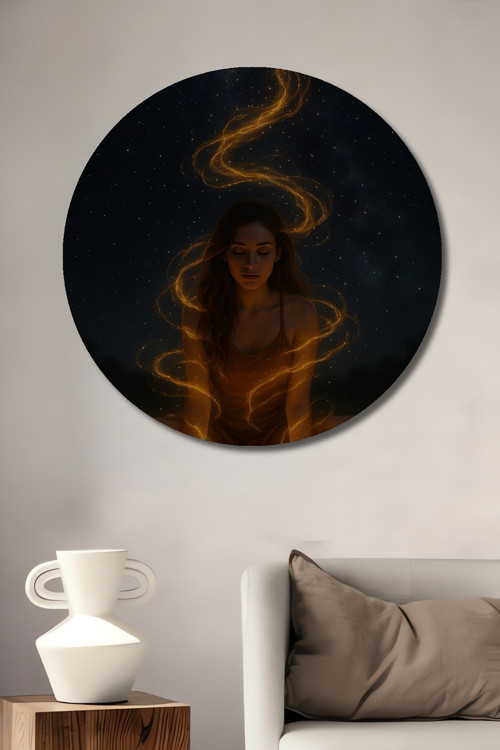 Meditatif Kadın Enerji Akışı Yağlı Boya Görünümlü Dekoratif Ahşap Tablo Yuvarlak Duvar Tablosu