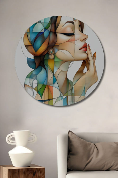 Kadın Portresi Sulu Boya Görünümlü Modern Sanat Ahşap Dekoratif Tablo Yuvarlak Duvar Tablosu