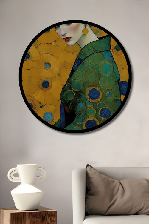 Çerçeve Görünümlü Gustav Klimt Tarzı Kadın Portresi Yağlı Boya Görünümlü Ahşap Tablo Yuvarlak