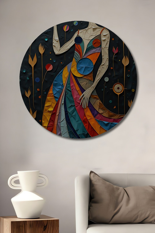 Bohem Sanat Renk Cümbüşü Kadın Figürü Ahşap Dekoratif Tablo Yuvarlak Duvar Tablosu