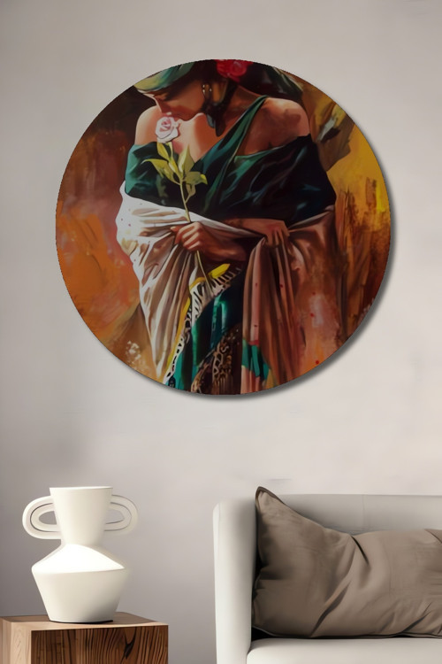 Romantik Kadın Ve Gül Yağlı Boya Görünümlü Ahşap Dekoratif Tablo Yuvarlak Duvar Tablosu