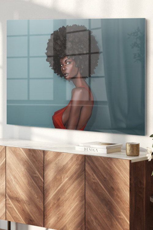 Siyahi Kıvırcık Kadın Art Painting | Etnik Temalı Cam Tablo | 50X70 Cm